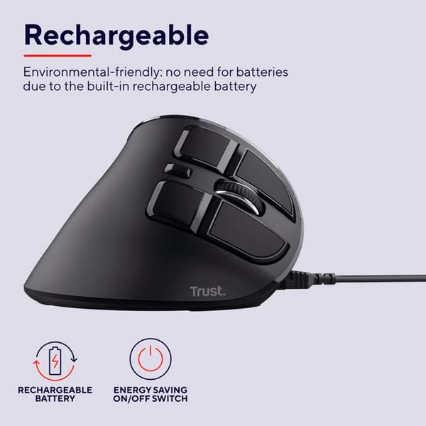 Trust Voxx Vertical Wireless Rechargeable Mouse, Bluetooth eller 2,4 GHz, Ergonomisk – Svart