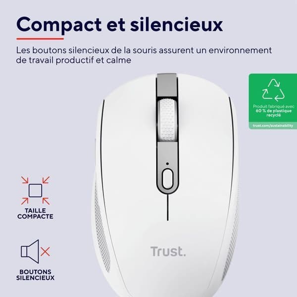 Trust Ozaa Bluetooth + 2,4 GHz trådlös mus, kompakt tyst mus med flera enheter, 60 % återvunnen plast - vit
