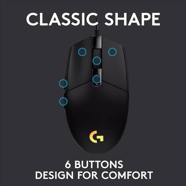Logitech G203 Lightsync Gaming Mouse, 6 programmerbare knapper, 8K DPI - Sort