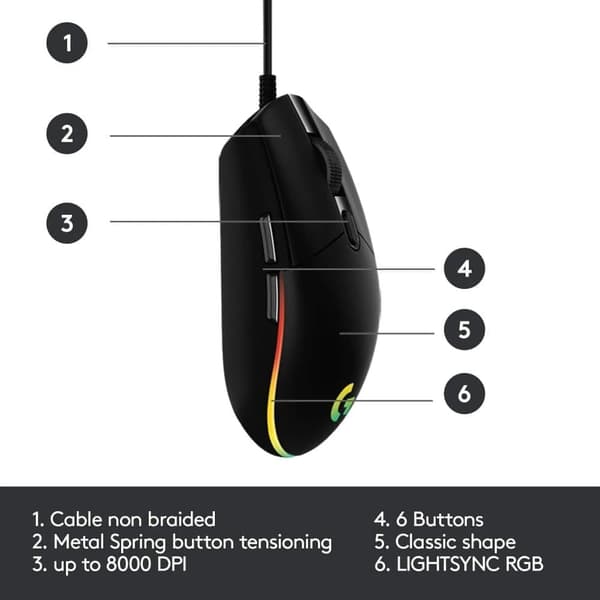 Logitech G203 Lightsync Gaming Mouse, 6 programmerbare knapper, 8K DPI - Sort