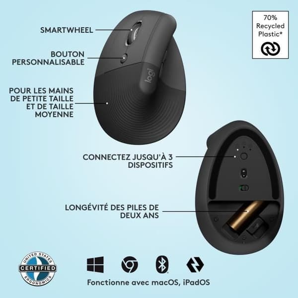 Ergonomisk mus - Trådlös - Logitech - Lyft - Vänsterhänt - Grafit