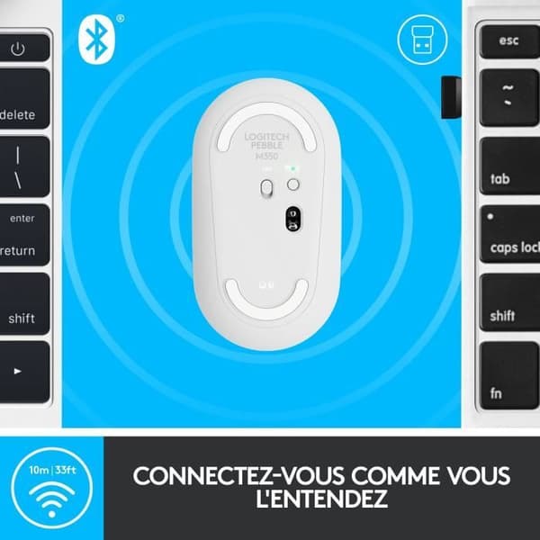 Trådlös mus - Logitech - M350 Pebble - Tyst Bluetooth - Vit