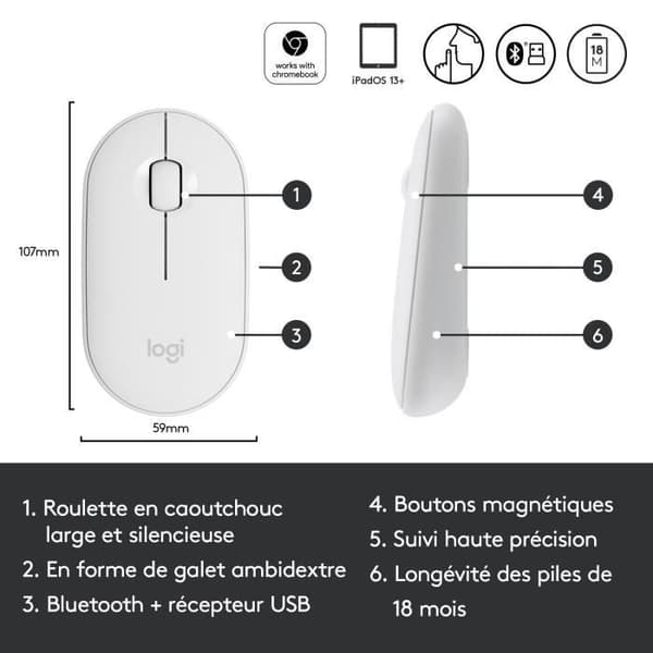 Trådlös mus - Logitech - M350 Pebble - Tyst Bluetooth - Vit