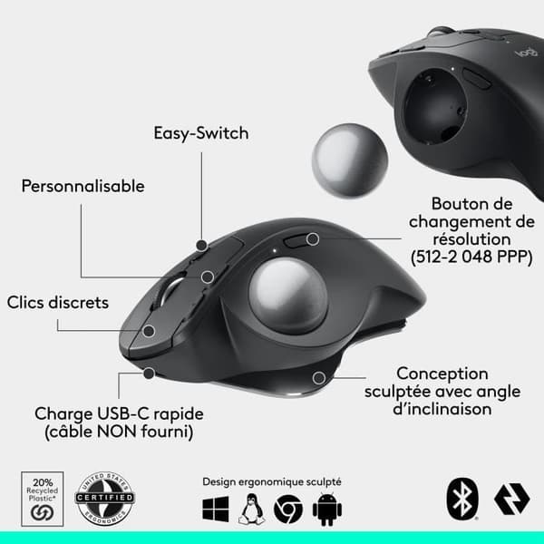Ergonomisk mus - trådlös - Logitech - MX ERGO S - Grafit