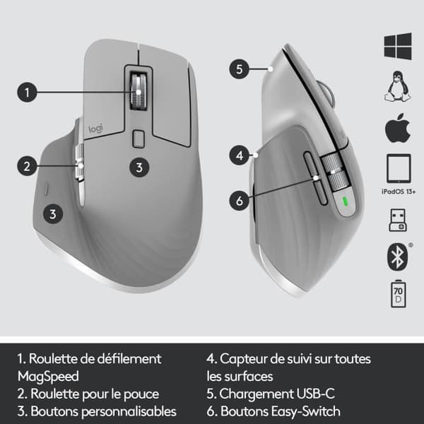 Trådlös mus - Logitech - MX Master 3 - Bluetooth/Radio Frequency - USB - 7 knappar - Medium Grey