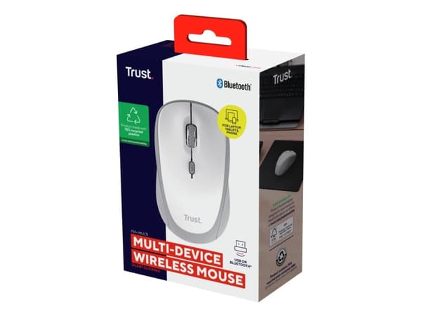 Trust Yvi+, Ambidextrous, Optinen, RF langaton + Bluetooth, 1600 dpi, valkoinen