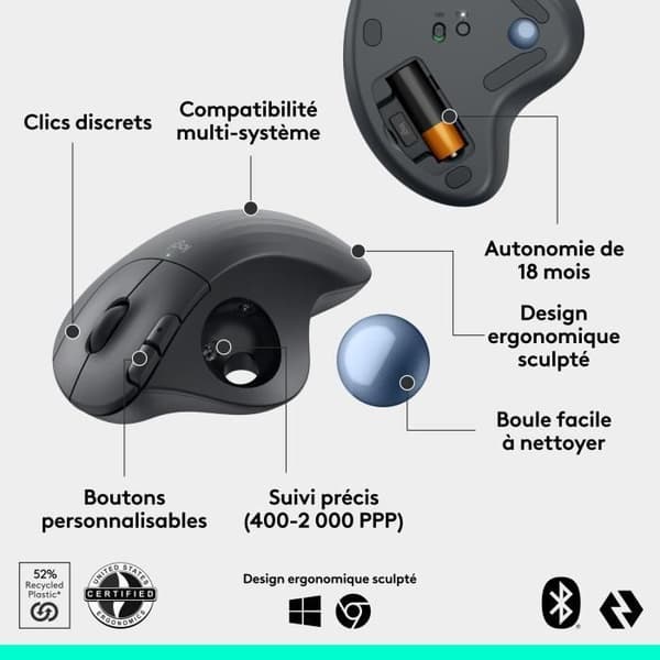 Ergonomisk mus - trådlös - Logitech - ERGO M575S - Grafit