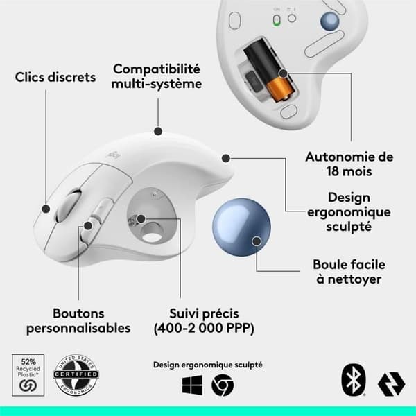 Ergonomisk mus - trådlös - Logitech - ERGO M575S - Vit