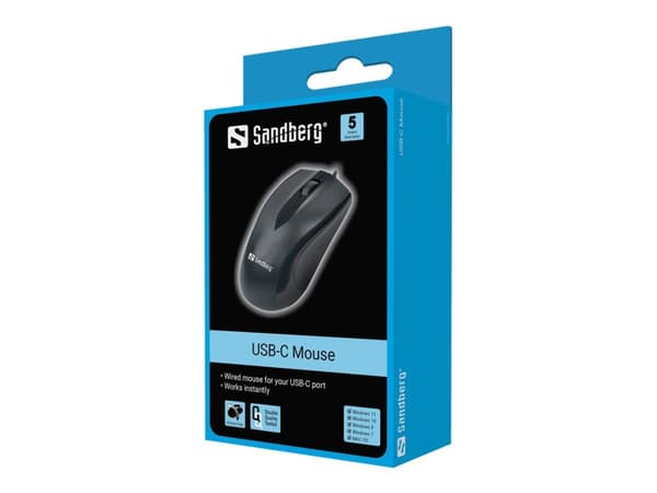 Sandberg - Mus - optisk - 3 knappar - kabelansluten - USB-C Svart