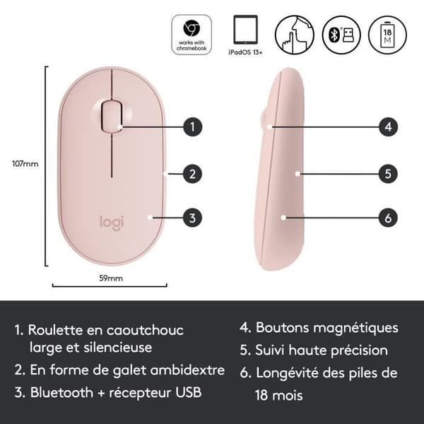 Trådlös mus - Logitech - M350 Pebble - Tyst Bluetooth - Rosa