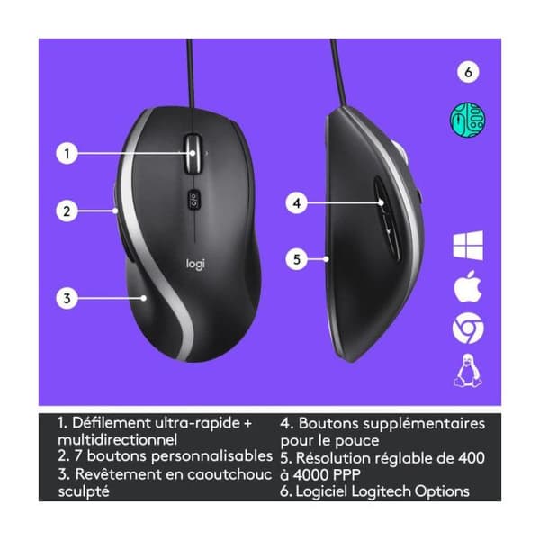 Trådad mus - Logitech - M500s - Ultra-snabb rullning - 7 anpassningsbara knappar - Grå