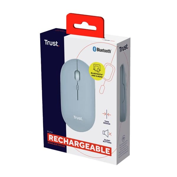 Trust Puck Uppladdningsbar trådlös mus, Bluetooth eller 2,4 GHz Mini USB-mottagare, Ergonomisk PPP Button Silent Flat Mouse