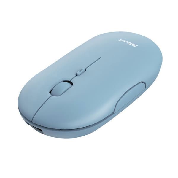 Trust Puck Uppladdningsbar trådlös mus, Bluetooth eller 2,4 GHz Mini USB-mottagare, Ergonomisk PPP Button Silent Flat Mouse Blå