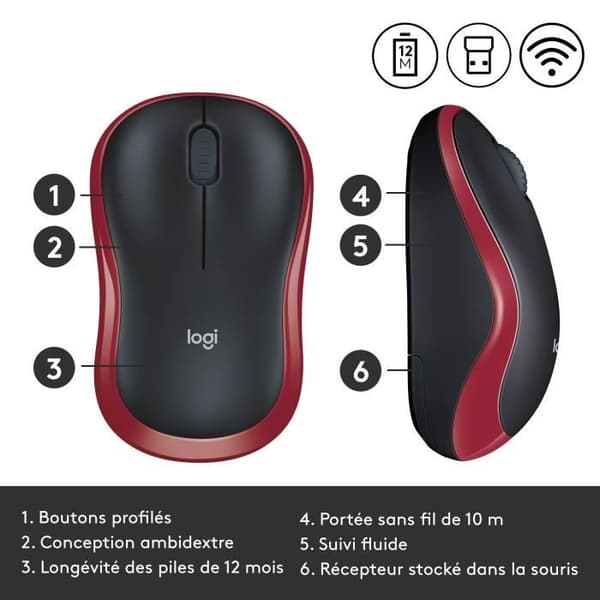 Trådlös mus - Logitech - M185 - Optisk - Röd