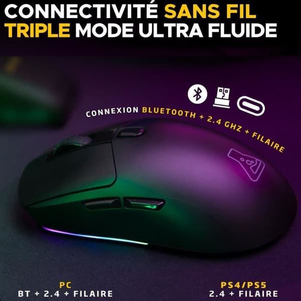 Konkurrenskraftig spelmus - trådbunden eller trådlös - The G-Lab - KULT-TITAN - RGB - 12000 DPI - Svart