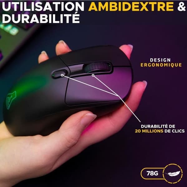 Konkurrenskraftig spelmus - trådbunden eller trådlös - The G-Lab - KULT-TITAN - RGB - 12000 DPI - Svart