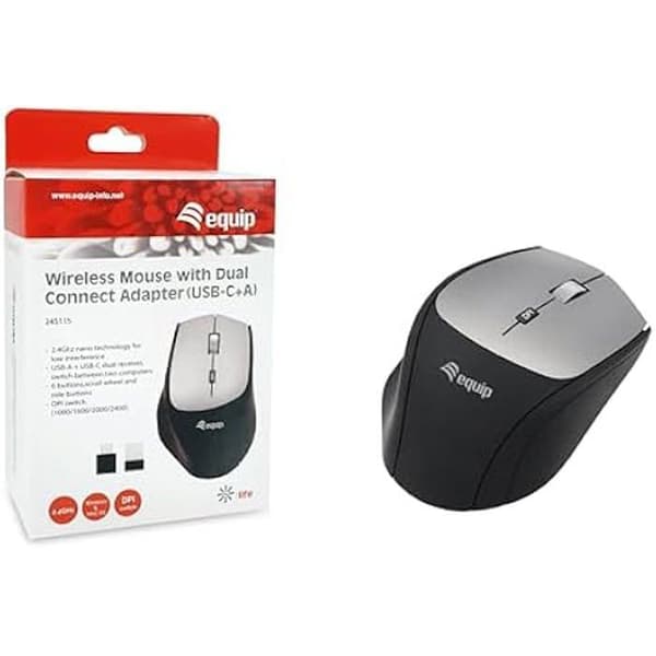 Trådlös mus - Utrusta - 245115 - USB-C + USB-A - 6 knappar - Ergonomisk design Svart
