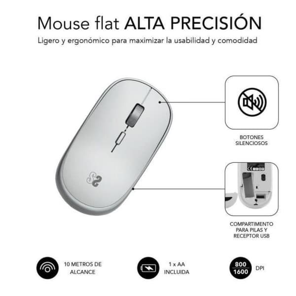 Ratón Inalámbrico Subblim Wireless Mini/ Hasta 1600 DPI/ Plata Argent
