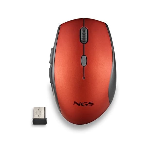 NGS BEE RED: Ergonomisk trådlös mus med tysta knappar. Justerbar DPI: 800/1200/1600. Högerhänt. Plug &amp; Play. Röd färg.