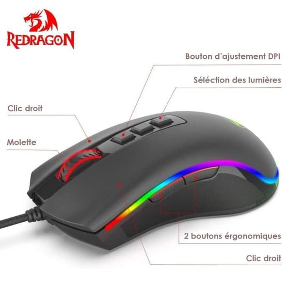 Gamingmus - REDRAGON - M711 COBRA - 7 knappar - 5000 DPI - RGB LED-bakgrundsbelysning