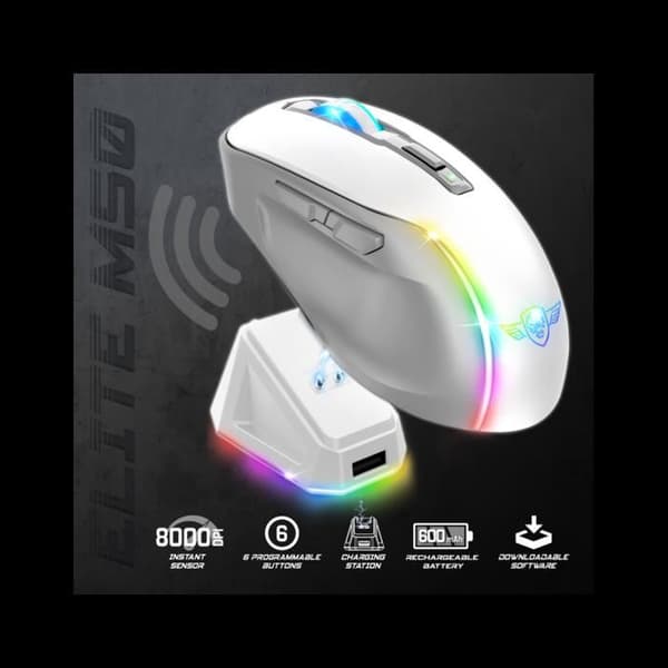 Trådlös mus med laddningsdocka - Vit - Gaming - ELITE-M50 - LED - Anpassningsbar - Programmerbara knappar