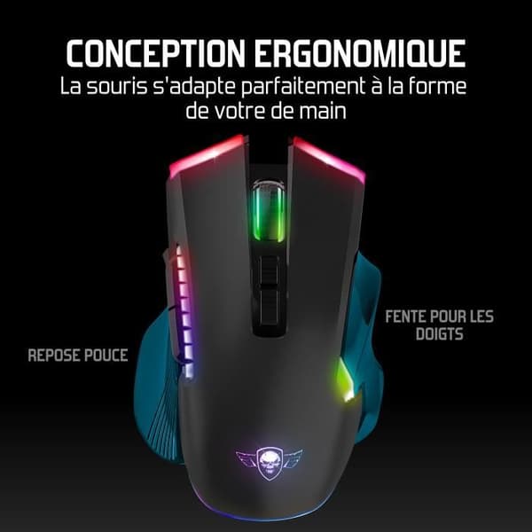 SPIRIT OF GAMER - ELITE M70 - Uppladdningsbar trådlös spelmus med tumstöd - 8 programmerbara knappar - RGB-bakgrundsbelysning