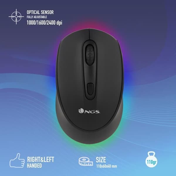 NGS SMOG-RB - Uppladdningsbar trådlös multi-enhetsmus, LED-belysning, Bluetooth 3.0/5.0, 2.4Ghz, 50 timmars batteritid, svart