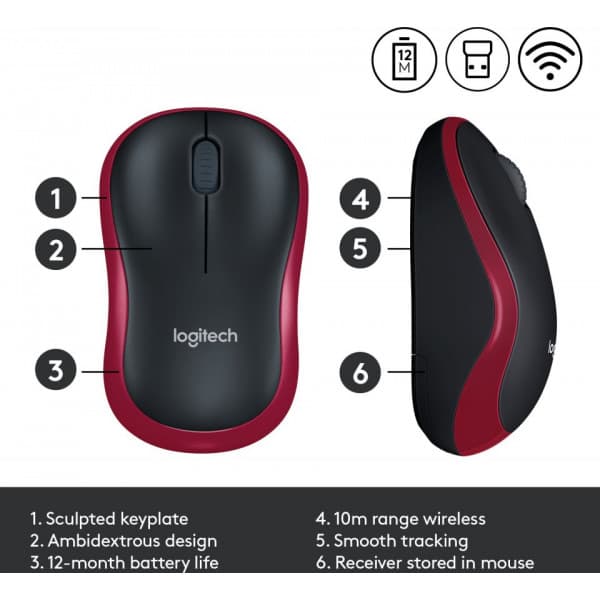 Logitech M185 mus, rød