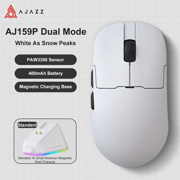 Trådlös och Trådbunden Mus, Dubbel Läge Anslutning, Hög Precision PAW3395 Sensor,AJ159P-Vit