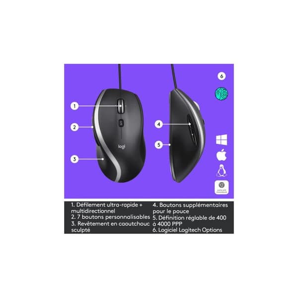 Trådad mus - Logitech - M500s - Ultra-snabb rullning - 7 anpassningsbara knappar - Grå