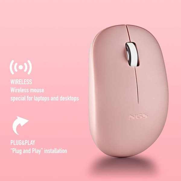 NGS FOG PRO PINK: 1000 DPI trådlös optisk mus med USB-anslutning. Tysta knappar. Rosa färg.