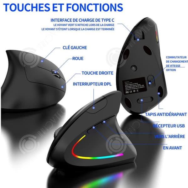 INN Mouse 2,4 GHz trådlös mus med bluetooth och 4 justerbara dpi-nivåer vertikal ergonomisk mus laddningsbar optisk mus