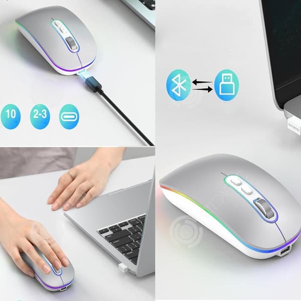 INN 2.4G trådlös Bluetooth-mus för Silent 3 DPI silver realtidsdisplayfunktion för kraften i de fyra cellerna