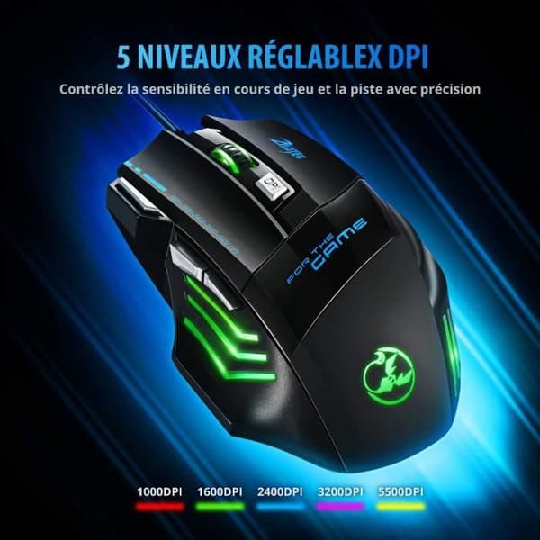 Spelmus - TD® - Kabelansluten - 5 DPI-hastigheter - 7 färger - Ergonomisk