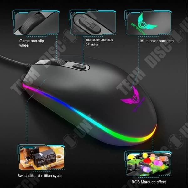 TD® Professional Wired RGB Lighting Gaming Mouse Black Universal Compatible Optical Performance Gaming Mouse DPI Justerbar