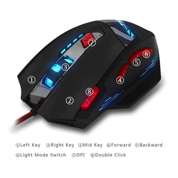 Gamingmus - T90 - Kabelansluten - 6 justerbara DPI - 8 knappar - 6 LED-färgalternativ