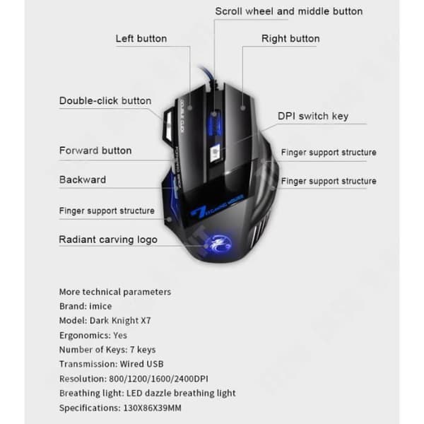 TD® Gamer Mouse 3200 DPI LED optisk spelmus 7-knapps trådbunden spelmus PC-mus Datormus Gaming
