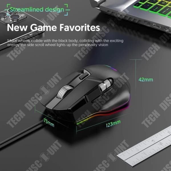 TD® trådbunden spelmus, full hastighet, 12400DPI, dubbla rullhjul, svängbar hårdvara, makro, anpassad esport