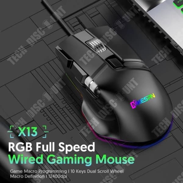 TD® trådbunden spelmus, full hastighet, 12400DPI, dubbla rullhjul, svängbar hårdvara, makro, anpassad esport