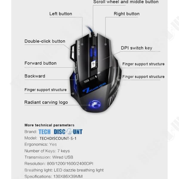 Souris Gaming - Teknikrabatt - TD 7 Knappar - LED-belysning - Ergonomisk - Trådad
