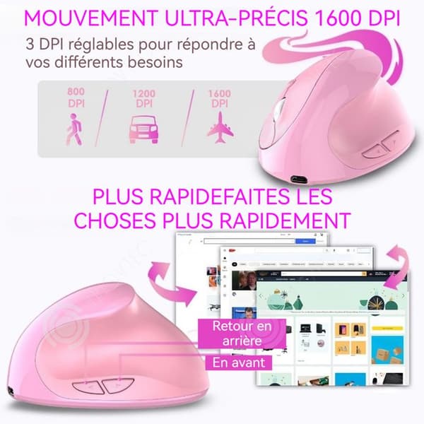INN Ergonomisk trådlös mus 2.4GHz 1600dpi rosa optisk vertikal mus tyst med 6 knappar för PC dator mus