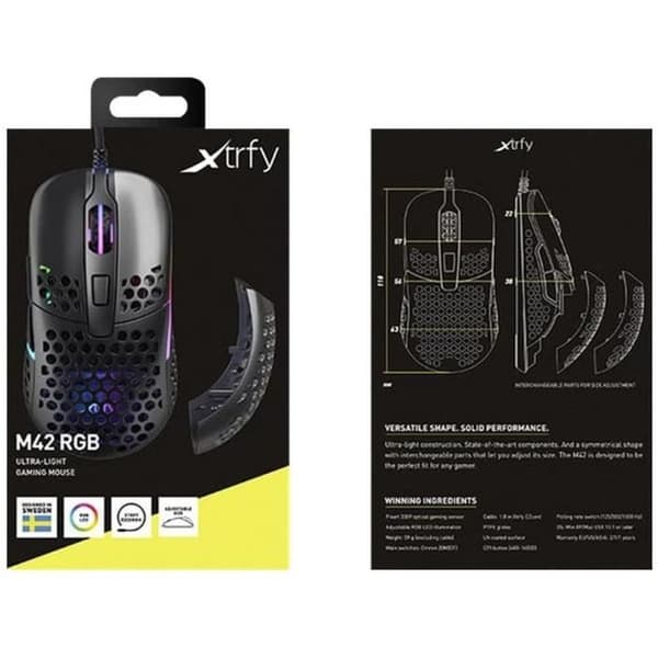 Trådbunden spelmus - XTRFY - M42 - Ultralätt - Pixart 3389 optisk sensor - Svart