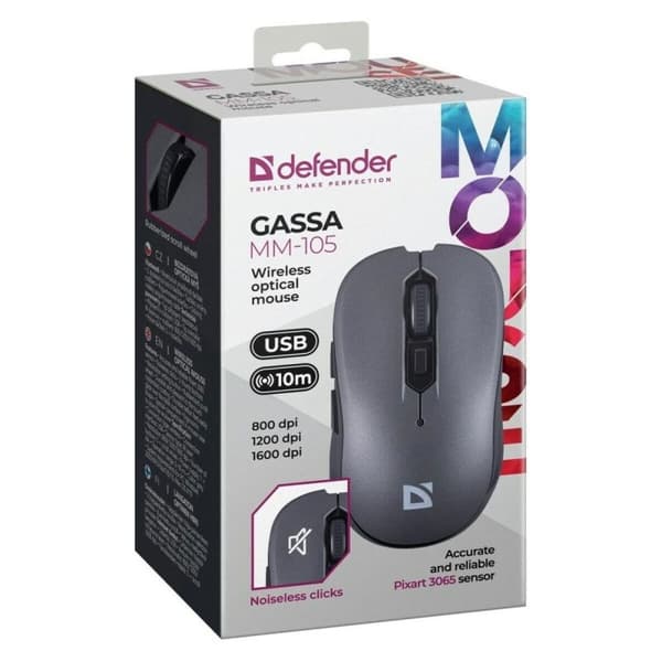 Trådløs mus Defender GASSA MM-105 RF SILENT Grå 1600 dpi