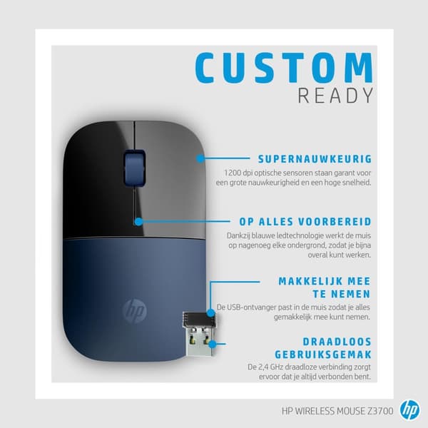 HP Z3700 - Hiiri - optinen - langaton - 2,4 GHz - langaton vastaanotin (USB) - sininen (V0L81AA#ABB)