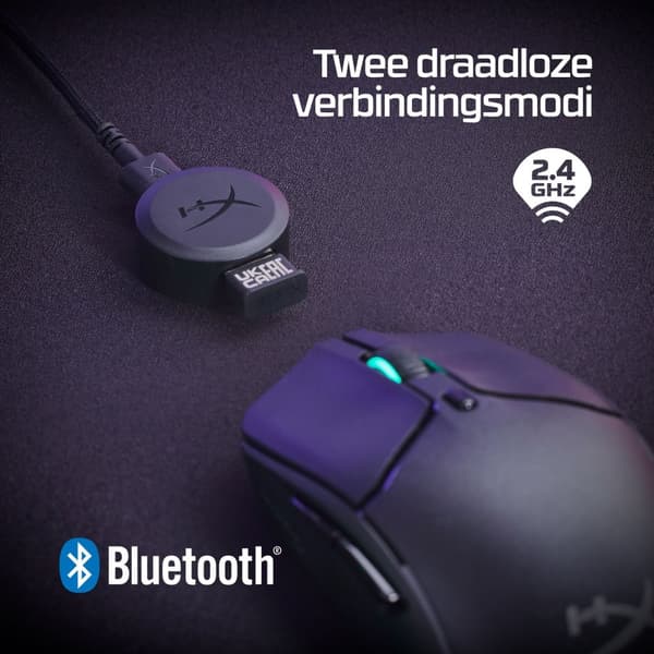 HyperX Pulsefire Haste 2 - mus - optisk - 6 knappar - trådlös, trådbunden - 2,4 GHz, Bluetooth 5.0 - trådlös mottagare (USB) - vit
