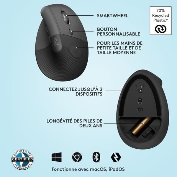 Ergonomisk mus - Trådlös - Logitech - Lyft - Högerhänt - Grafit