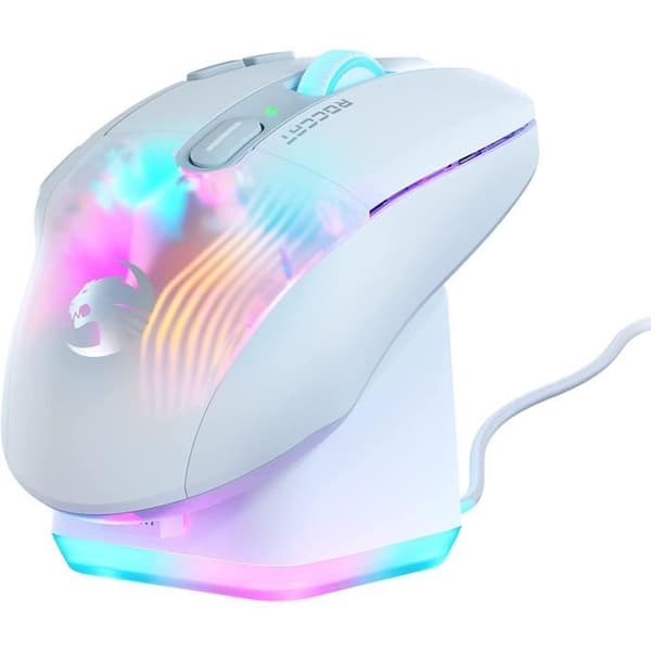 Roccat Kone XP Air – trådlös spelmus, 19K DPI optisk sensor, 100h batteritid, RGB-laddningsstation, vit