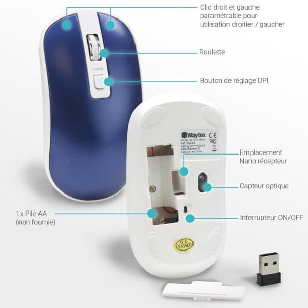 Trådlös Optisk Mus - WAYTEX - 65420 - 1600 DPI - Räckvidd 10 m - Symmetrisk Design