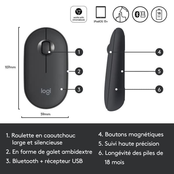 Trådlös mus - Logitech - M350 Pebble - Bluetooth - tyst - Svart
