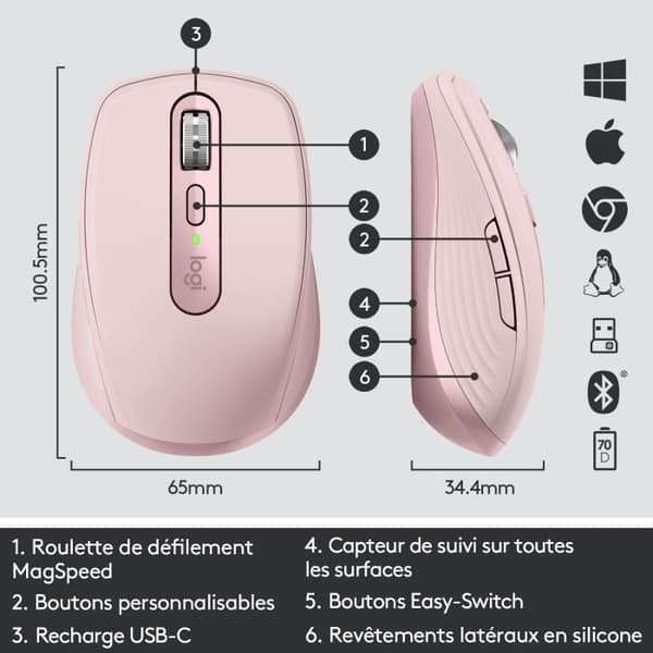 Ergonomisk mus - Trådlös - Logitech - MX Anywhere 3 - Rosa